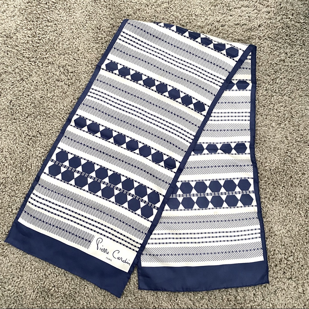 Vintage Pierre Cardin Navy Blue  White Silk Scarf Wrap